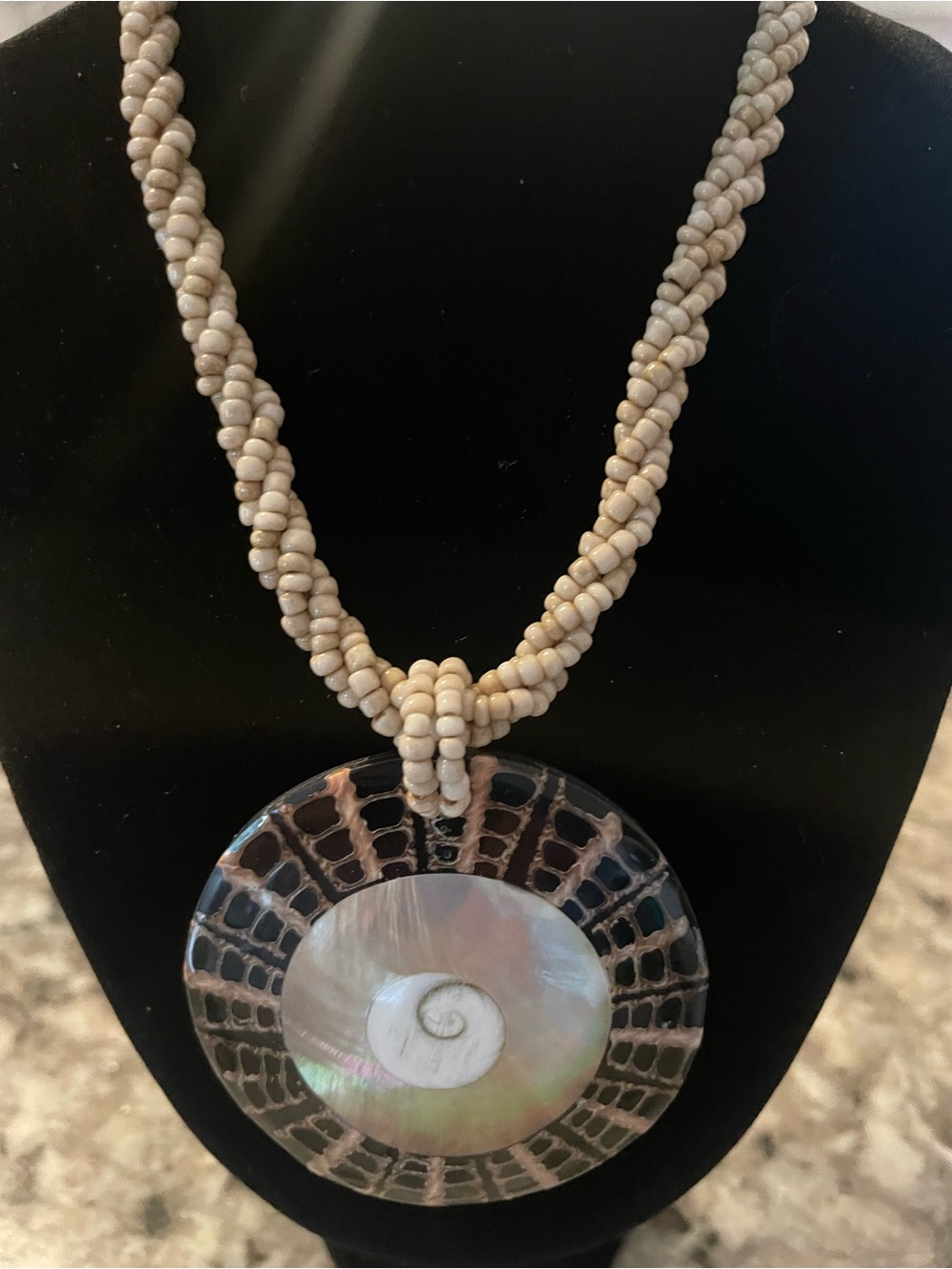 Handmade Shell Pendant Necklace in Cream and Iridescent Tones